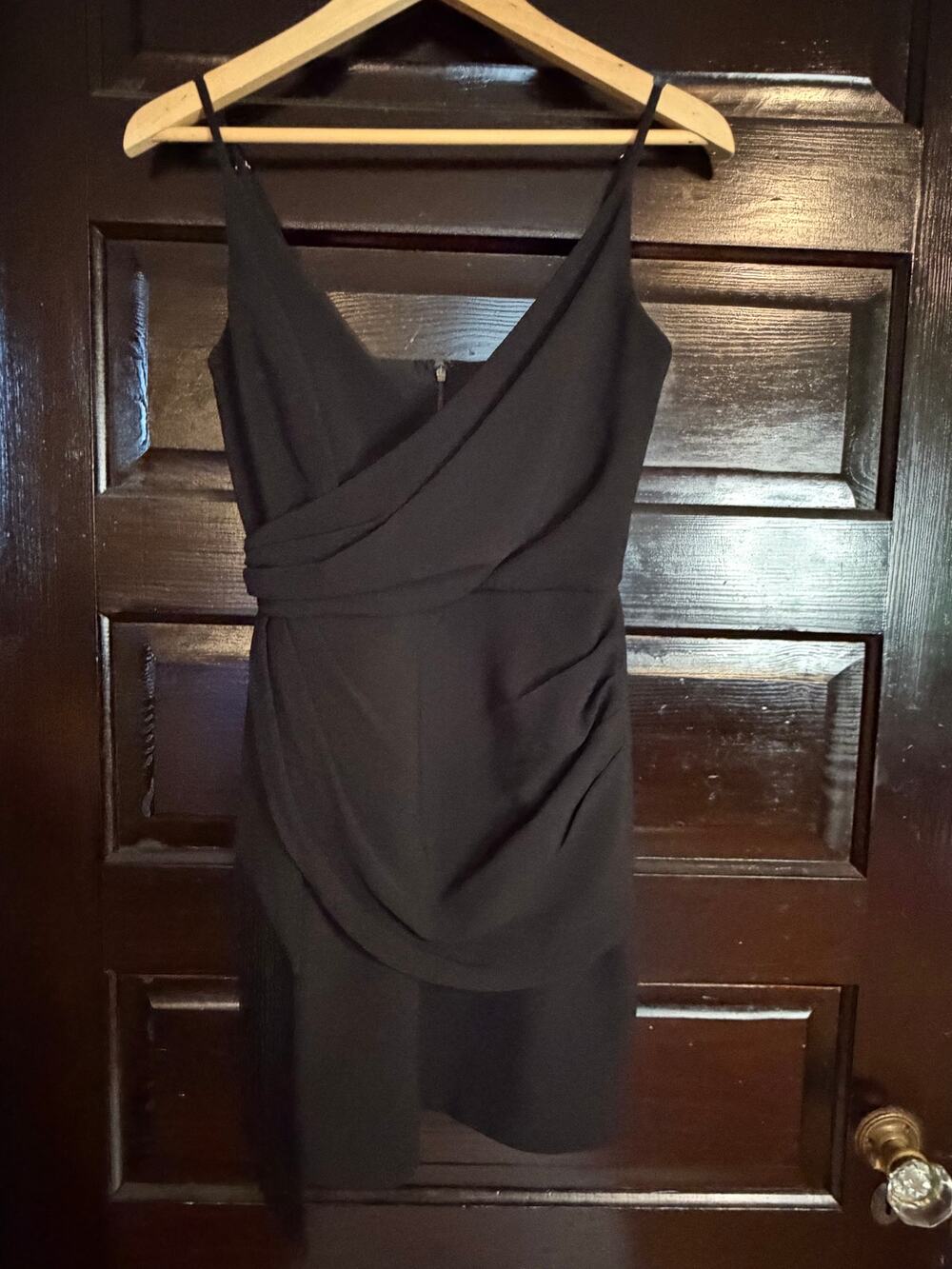 Dress the Population Black Fringe Mini Dress Ruched Faux Wrap Small